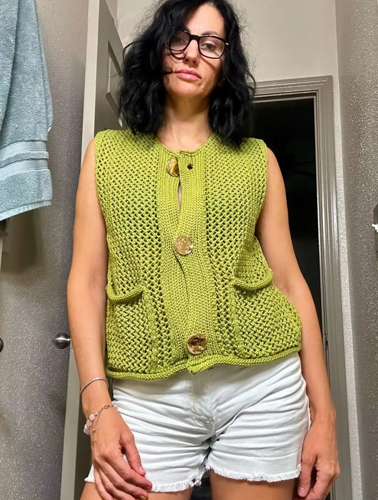 Green Round Neck Women Knitted Vest Blouses - Tophatter Daily Deals