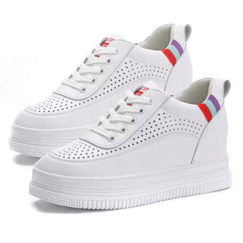 Genuine Leather Platform Wedge Sneakers 7cm Striped Hole Leather High Heel Sneaker - Tophatter Daily Deals