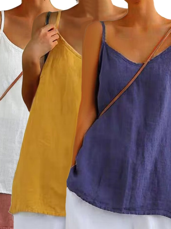 Summer Top Cotton Linen Spaghetti Strap Top V-neck Blouses - Tophatter Daily Deals