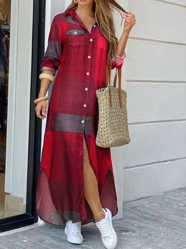 Vintage Geometry Print Lapel Long Sleeve Double Pocket Maxi Shirt Women Maxi Dress Red Maxi Dresses - Tophatter Daily Deals