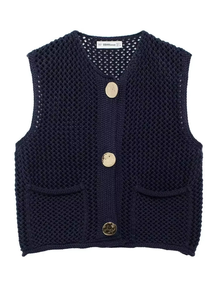 Green Round Neck Women Knitted Vest Black Blouses - Tophatter Daily Deals