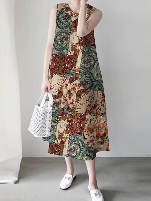 Print Sleeveless Vintage Casual Women Midi Dress Midi Dresses - Tophatter Daily Deals