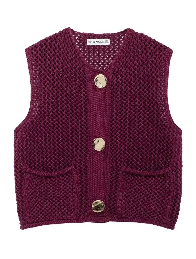 Green Round Neck Women Knitted Vest Wine Red Blouses - Tophatter Daily Deals