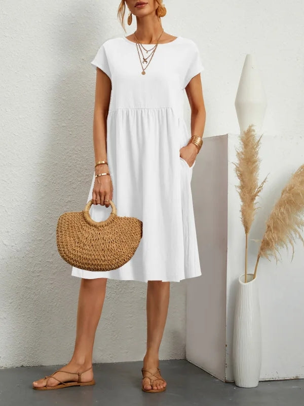 Casual Splicing Pocket Midi Dress White Midi Dresses - Tophatter Daily Deals