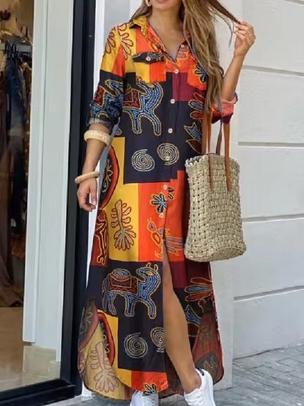 Vintage Geometry Print Lapel Long Sleeve Double Pocket Maxi Shirt Women Maxi Dress Geometry Orange Maxi Dresses - Tophatter Daily Deals