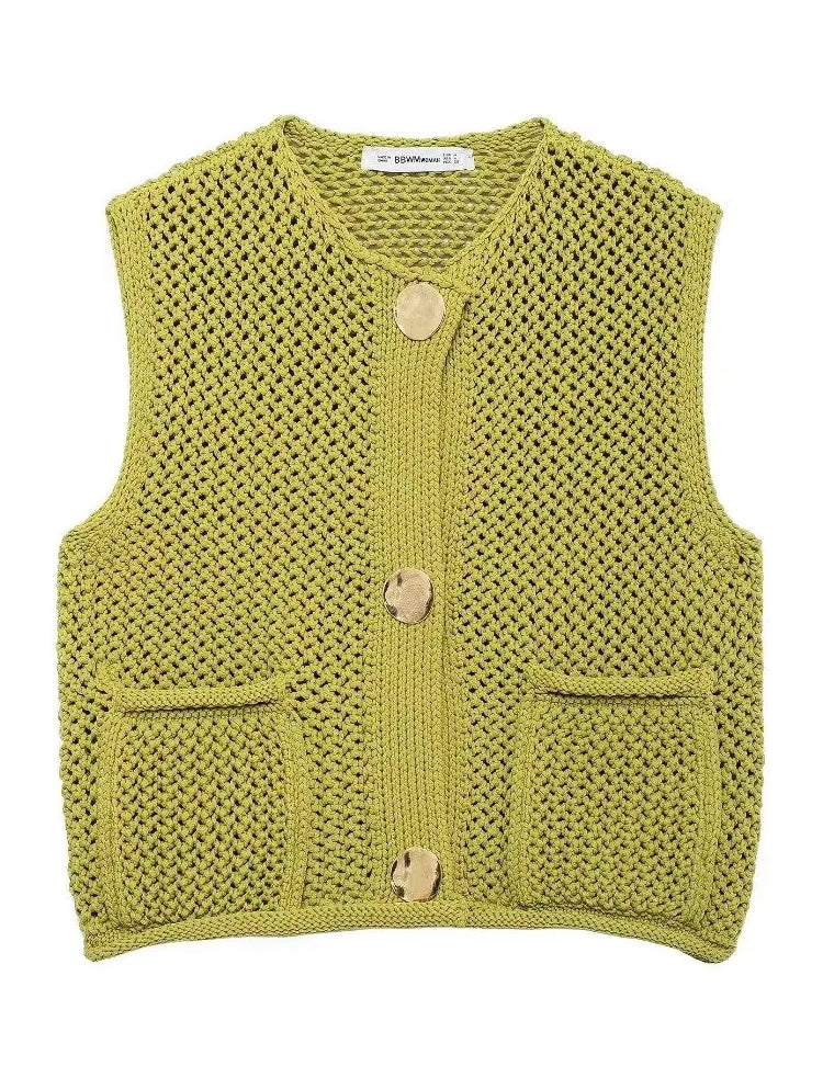 Green Round Neck Women Knitted Vest Blouses - Tophatter Daily Deals