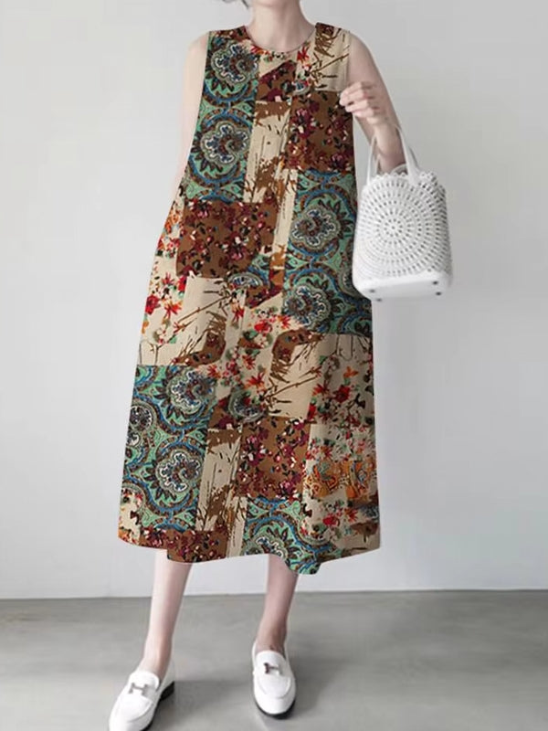Print Sleeveless Vintage Casual Women Midi Dress Midi Dresses - Tophatter Daily Deals