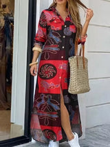 Vintage Geometry Print Lapel Long Sleeve Double Pocket Maxi Shirt Women Maxi Dress Maxi Dresses - Tophatter Daily Deals