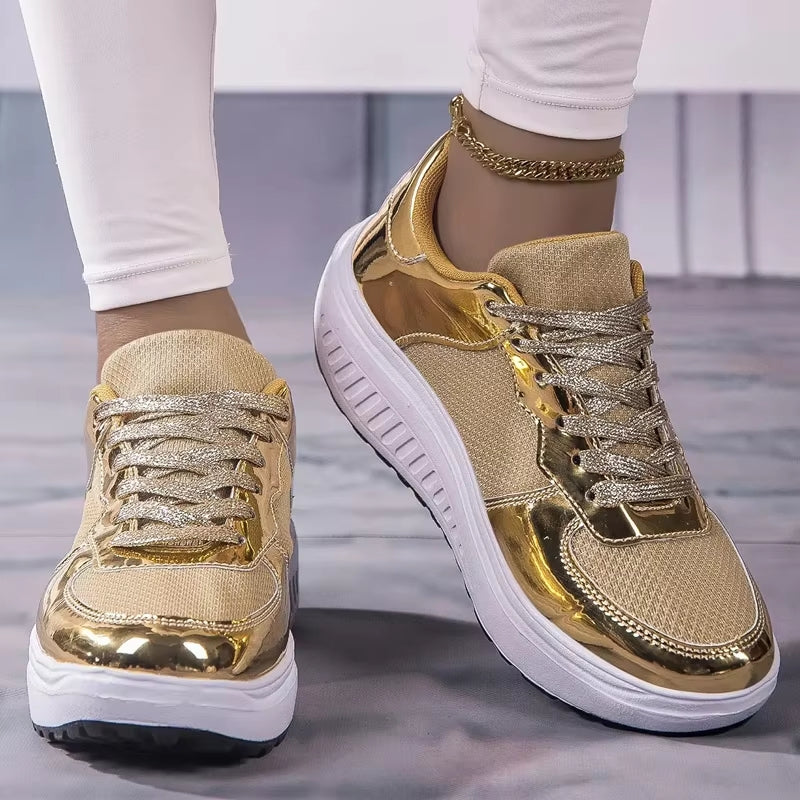 Women Golden Lace-up Platform Sneakers High Heel Sneaker - Tophatter Daily Deals