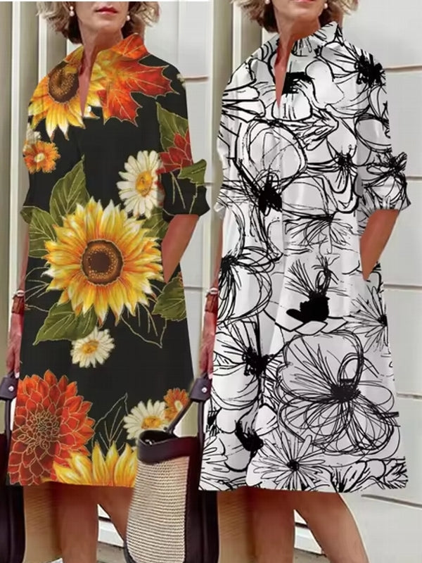 Floral Shirt Lapel Collar Midi Dress Midi Dresses - Tophatter Daily Deals