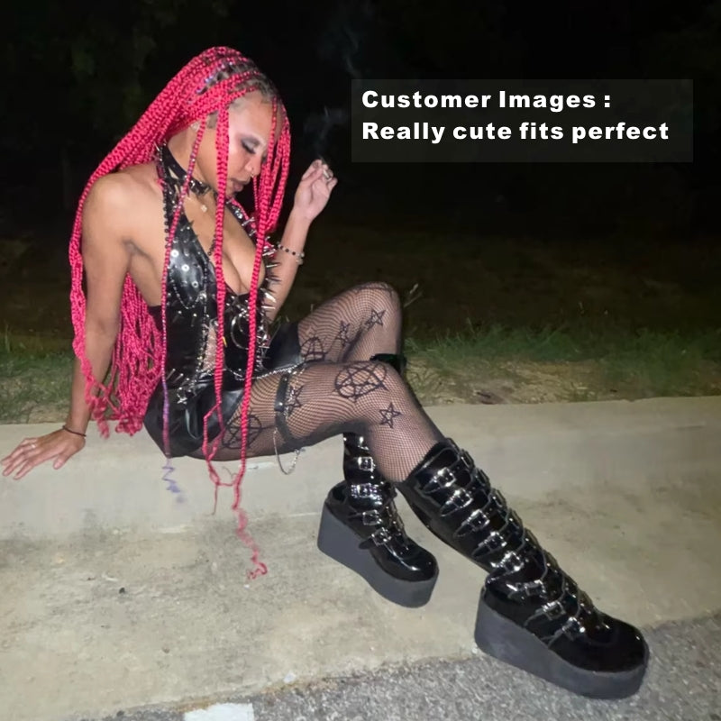Women Boots Gothic Buckle Strap Long Tube Leather Shoes Boots - Tophatter Daily Deals