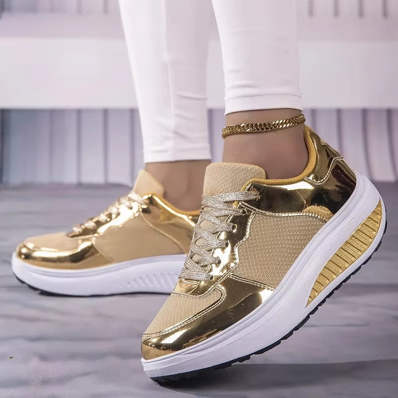 Women Golden Lace-up Platform Sneakers High Heel Sneaker - Tophatter Daily Deals