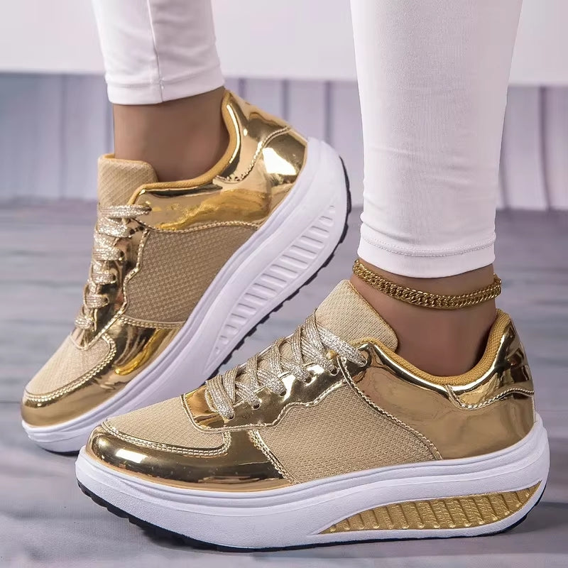 Women Golden Lace-up Platform Sneakers High Heel Sneaker - Tophatter Daily Deals