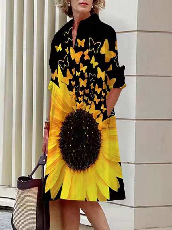 Floral Shirt Lapel Collar Midi Dress Yellow Midi Dresses - Tophatter Daily Deals