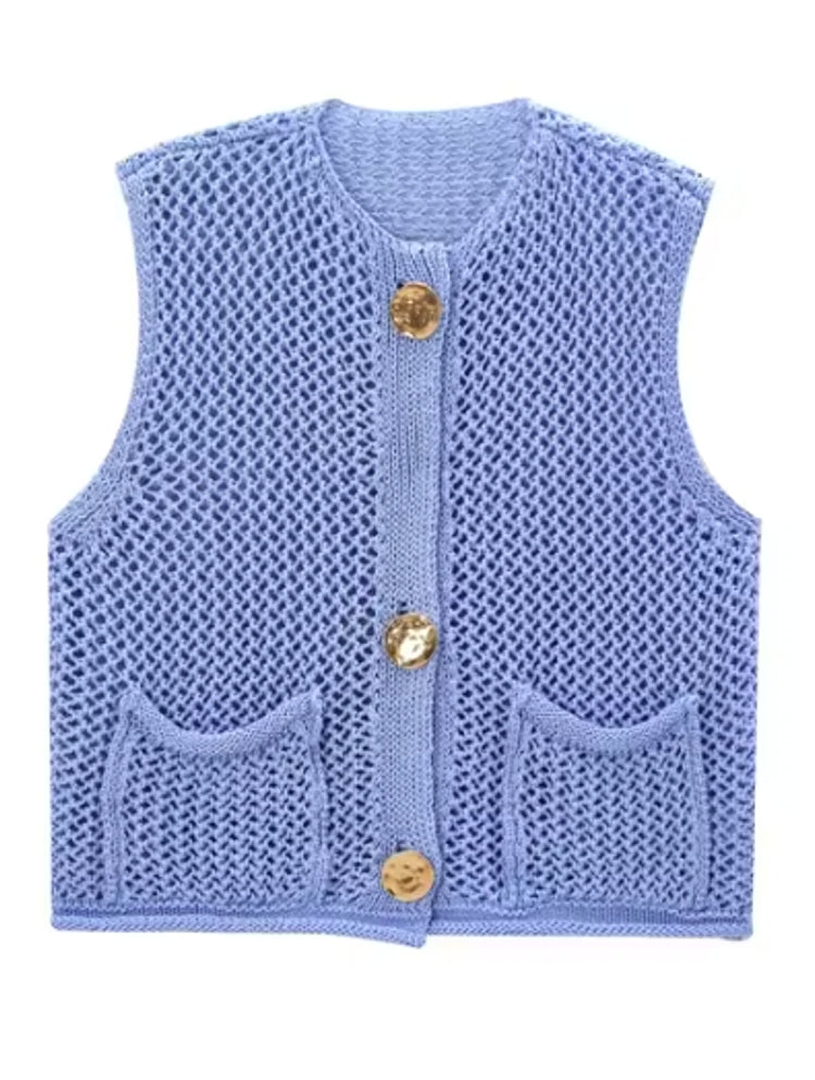 Green Round Neck Women Knitted Vest Light Blue Blouses - Tophatter Daily Deals