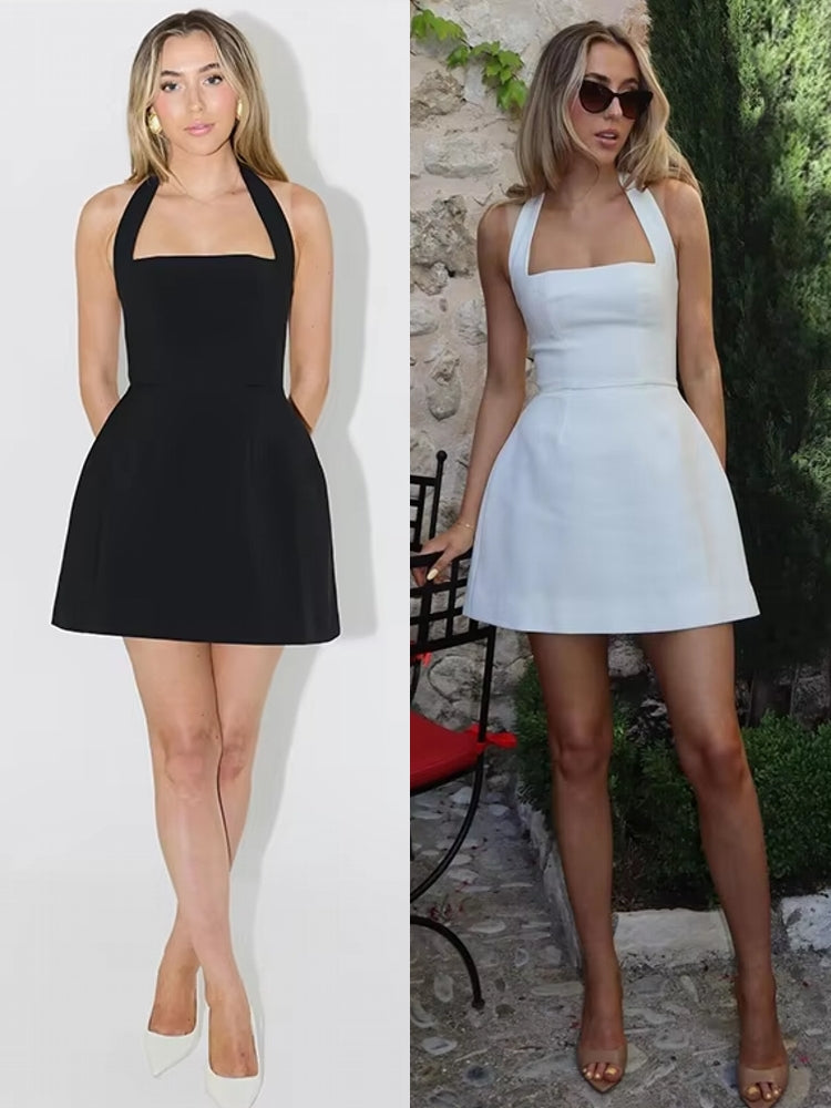 Elegant White Short Dress Halter Backless Mini Dresses - Tophatter Daily Deals