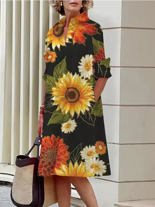 Floral Shirt Lapel Collar Midi Dress Black Midi Dresses - Tophatter Daily Deals