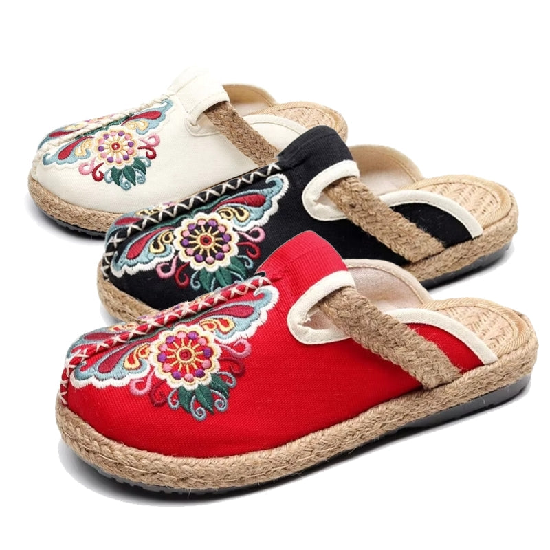 Women Casual Linen Handmade Embroidery Mules Flat Slippers Slippers - Tophatter Daily Deals