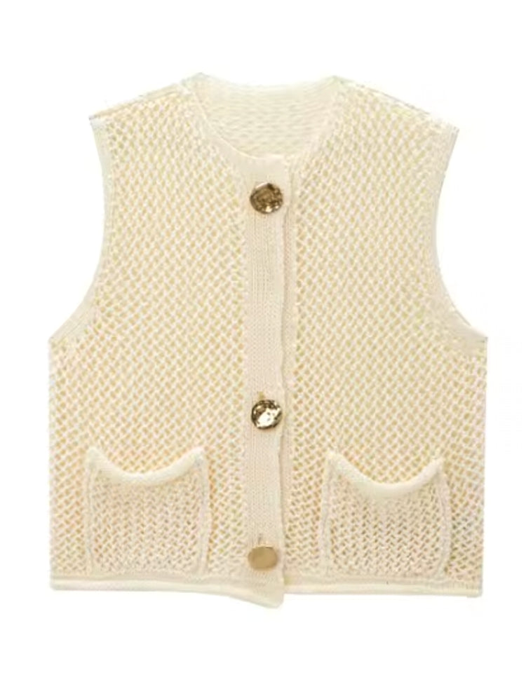 Green Round Neck Women Knitted Vest Beige Blouses - Tophatter Daily Deals