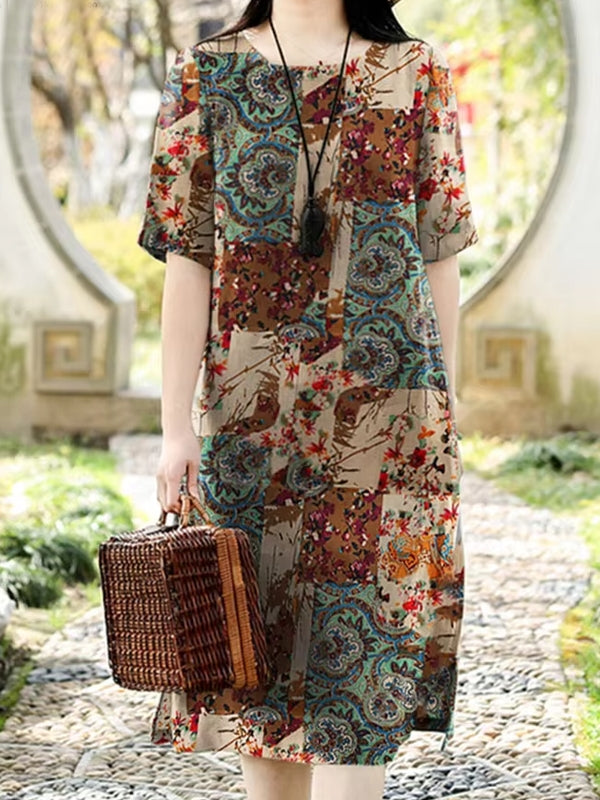 Cotton Women Pattern Printed Short Sleeve O-Neck Dresses Khaki Mini Dresses - Tophatter Daily Deals