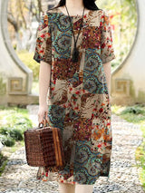 Cotton Women Pattern Printed Short Sleeve O-Neck Dresses Khaki Mini Dresses - Tophatter Daily Deals
