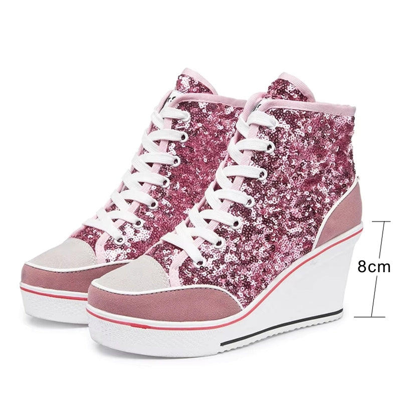Glitter Sequins High Top Women Height Increasing Wedges Shoes High Heel Sneaker - Tophatter Daily Deals