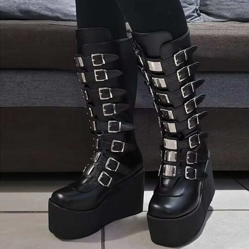 Women Boots Gothic Buckle Strap Long Tube Leather Shoes Boots - Tophatter Daily Deals