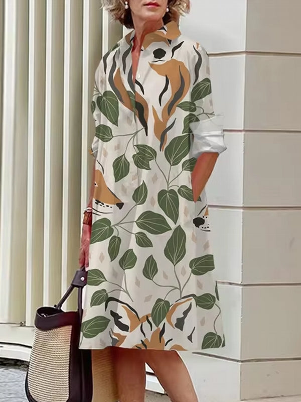 Floral Shirt Lapel Collar Midi Dress Green Midi Dresses - Tophatter Daily Deals