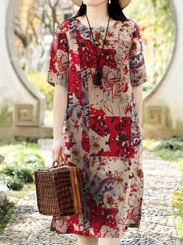 Vintage Floral Print Cotton Linen Half Sleeve Casual Women Midi Dress Red Midi Dresses - Tophatter Daily Deals