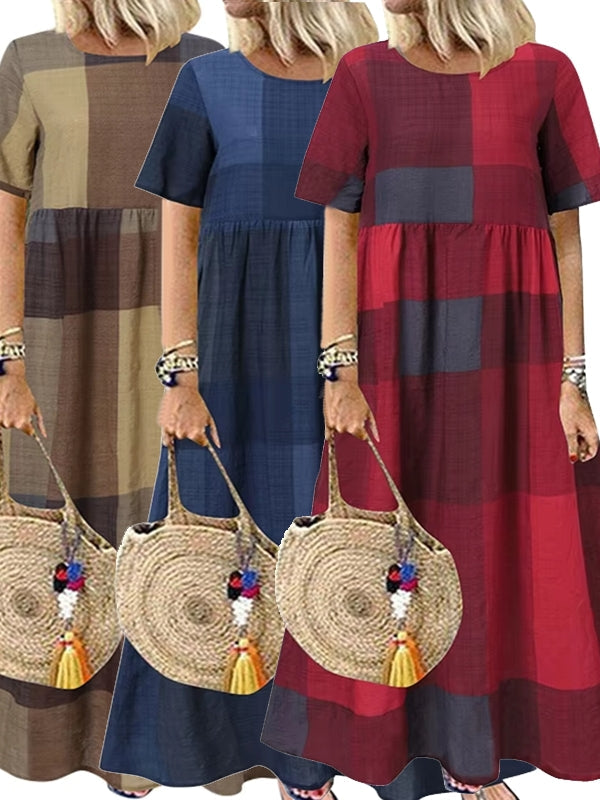Casual Round Neck Plaid Printed Long Dress Maxi Dresses - Tophatter Daily Deals