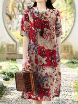 Cotton Women Pattern Printed Short Sleeve O-Neck Dresses Red Mini Dresses - Tophatter Daily Deals