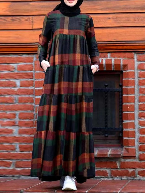 Kaftan Tunic Plaid Print Back Zipper Long Sleeve Maxi Layered Women Maxi Dress Green Maxi Dresses - Tophatter Daily Deals