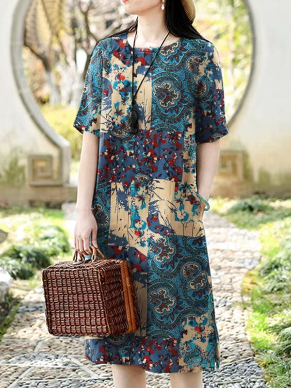 Vintage Floral Print Cotton Linen Half Sleeve Casual Women Midi Dress Blue Midi Dresses - Tophatter Daily Deals