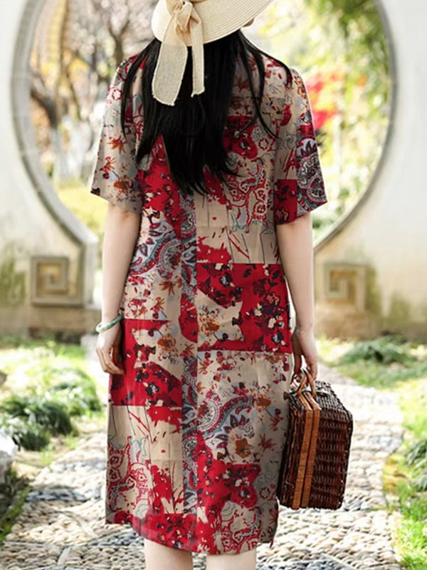Vintage Floral Print Cotton Linen Half Sleeve Casual Women Midi Dress Midi Dresses - Tophatter Daily Deals