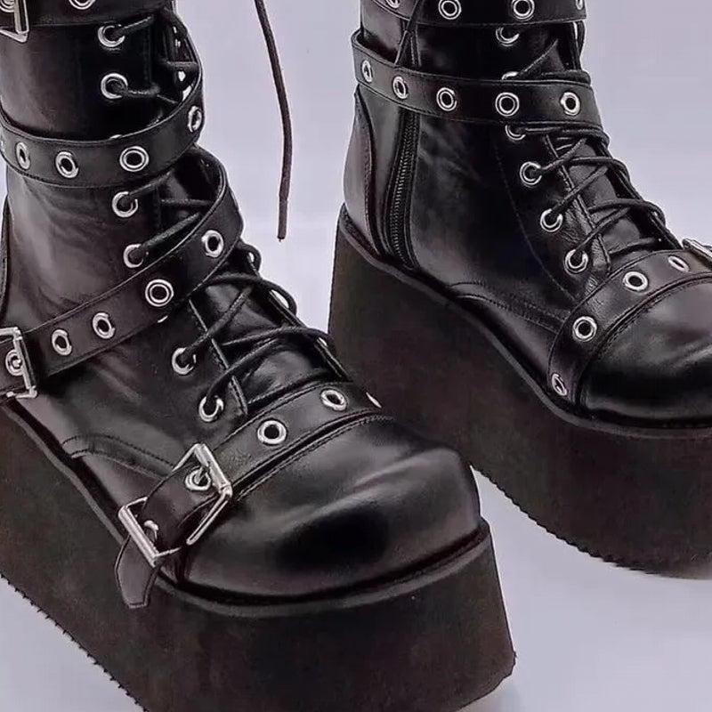 Women Boots Buckle Round Toe Wedges Platform Boots Black Boots - Tophatter Daily Deals