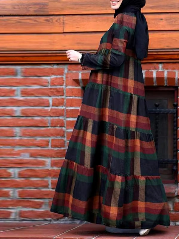 Kaftan Tunic Plaid Print Back Zipper Long Sleeve Maxi Layered Women Maxi Dress Maxi Dresses - Tophatter Daily Deals