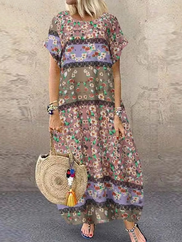 Bohemian Print Short Sleeve Summer Plus Size Dress Pink Maxi Dresses - Tophatter Daily Deals
