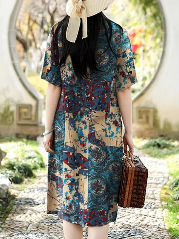 Cotton Women Pattern Printed Short Sleeve O-Neck Dresses Mini Dresses - Tophatter Daily Deals