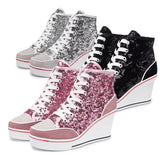 Glitter Sequins High Top Women Height Increasing Wedges Shoes High Heel Sneaker - Tophatter Daily Deals