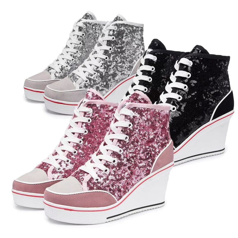 Glitter Sequins High Top Women Height Increasing Wedges Shoes High Heel Sneaker - Tophatter Daily Deals