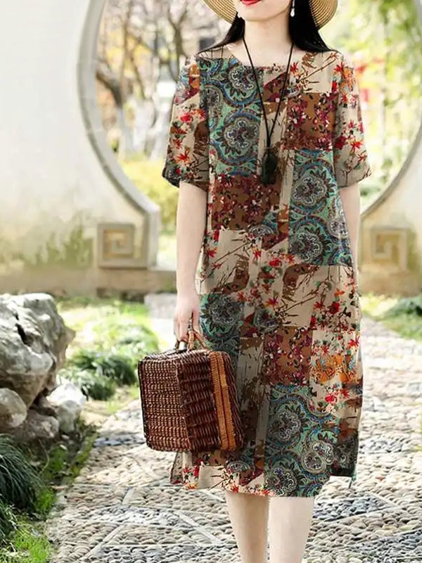 Vintage Floral Print Cotton Linen Half Sleeve Casual Women Midi Dress Midi Dresses - Tophatter Daily Deals