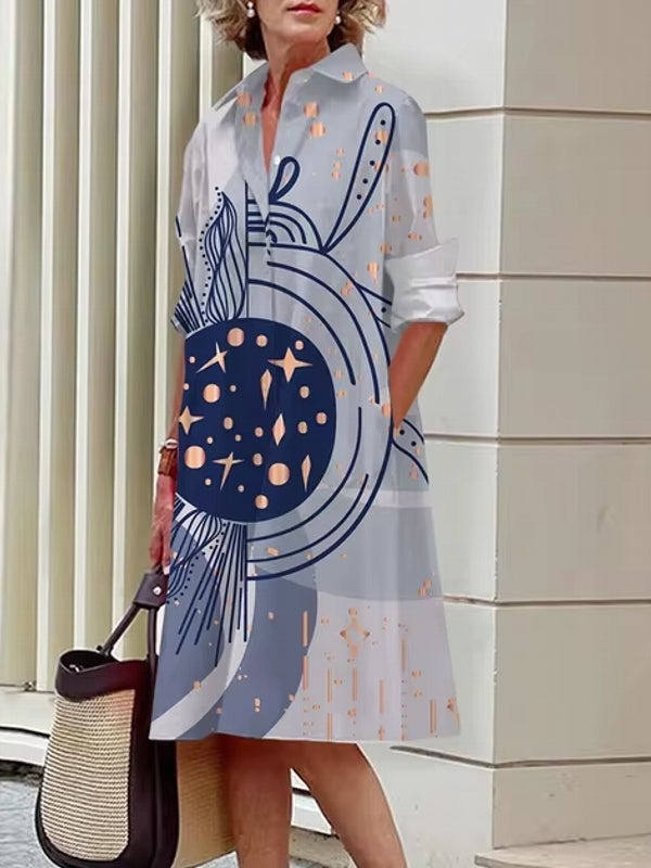 Floral Shirt Lapel Collar Midi Dress Light Grey Midi Dresses - Tophatter Daily Deals