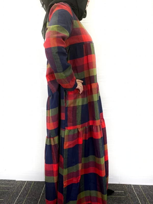 Kaftan Tunic Plaid Print Back Zipper Long Sleeve Maxi Layered Women Maxi Dress Maxi Dresses - Tophatter Daily Deals