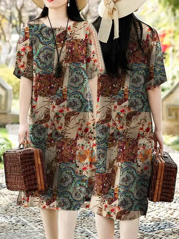 Vintage Floral Print Cotton Linen Half Sleeve Casual Women Midi Dress Midi Dresses - Tophatter Daily Deals