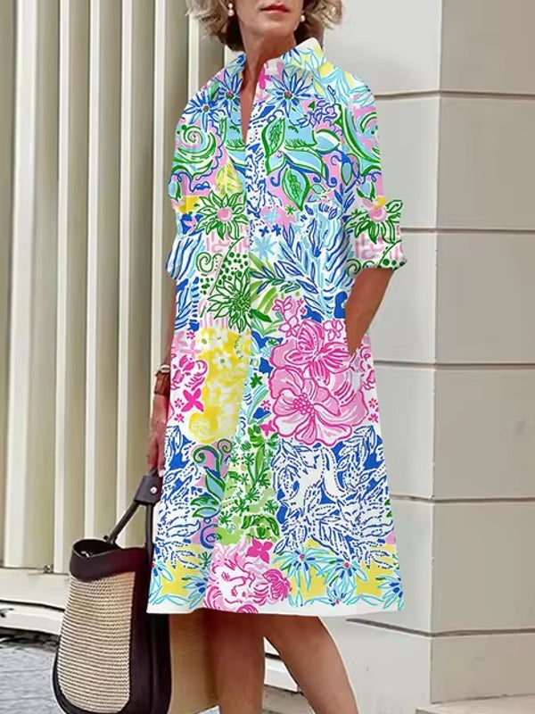 Abstract Print Women's Shirt Dresses Multicolor Midi Dresses - Tophatter Daily Deals