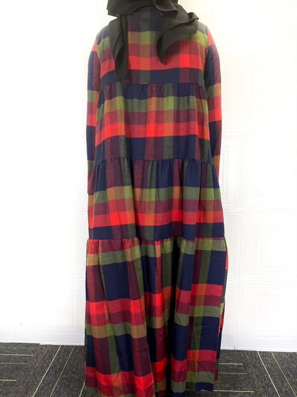 Kaftan Tunic Plaid Print Back Zipper Long Sleeve Maxi Layered Women Maxi Dress Maxi Dresses - Tophatter Daily Deals