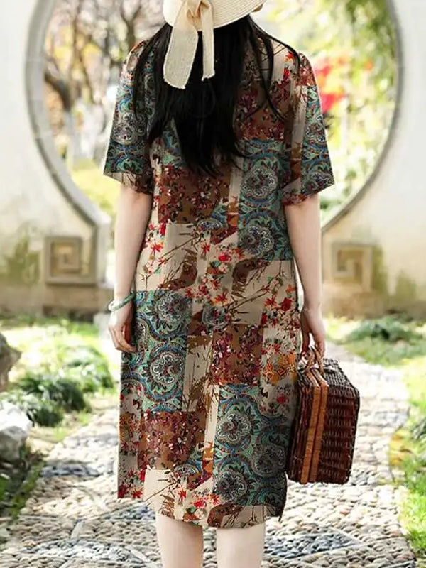 Cotton Women Pattern Printed Short Sleeve O-Neck Dresses Mini Dresses - Tophatter Daily Deals