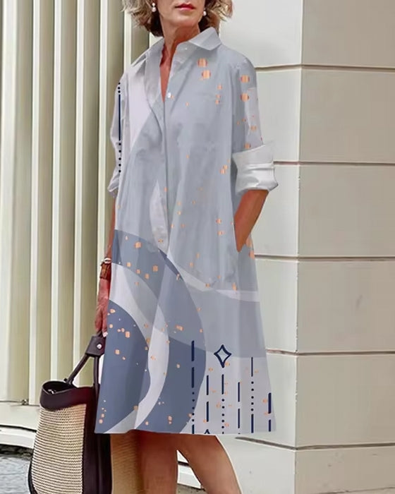 Floral Shirt Lapel Collar Midi Dress Grey Midi Dresses - Tophatter Daily Deals