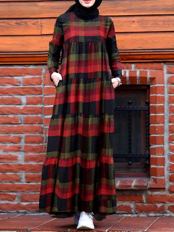 Kaftan Tunic Plaid Print Back Zipper Long Sleeve Maxi Layered Women Maxi Dress Red Maxi Dresses - Tophatter Daily Deals