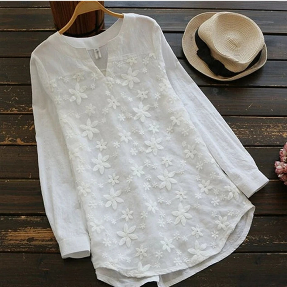 White Women Lace Long Sleeve Tops V Neck Embroidery Fashion Loose Elegant Shirt BLOUSES & SHIRTS - Tophatter Daily Deals